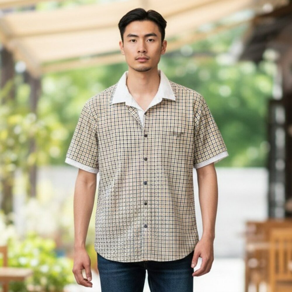 Sean John Large Yellow Gray Checkered Short Sleeve Button Up Layered Shirt L Y2K